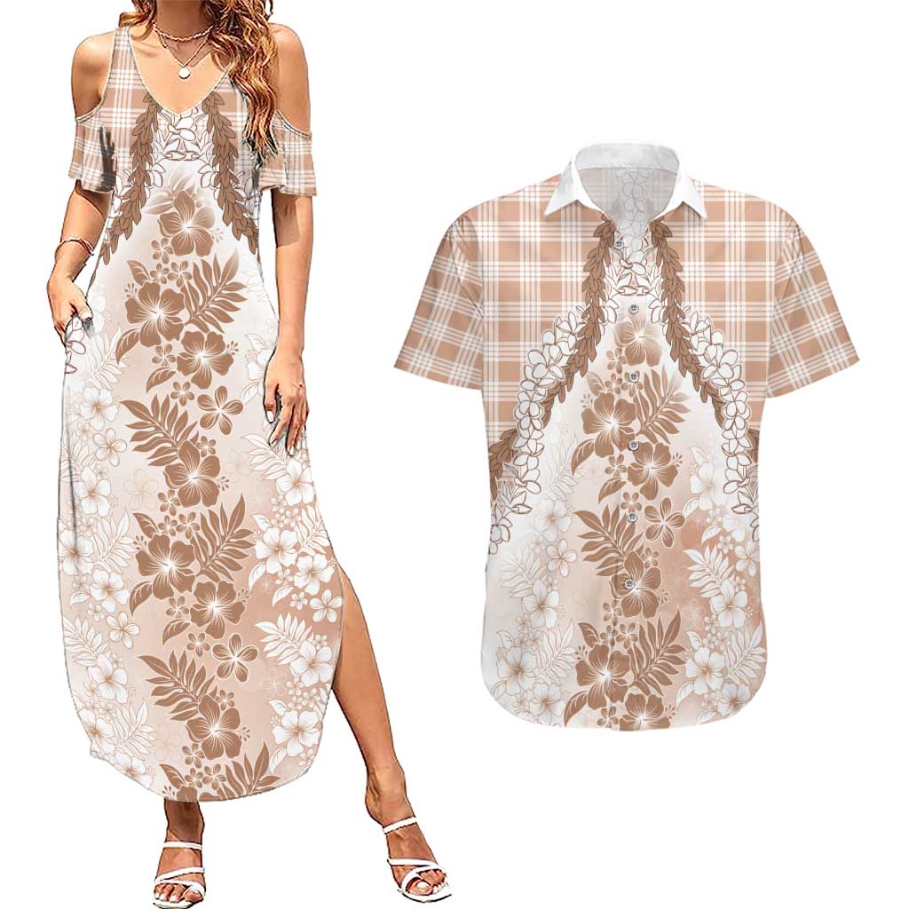 Aloha Hawaii Palaka Couples Matching Summer Maxi Dress and Hawaiian Shirt Beige Plumeria Lei - Polynesian Pride