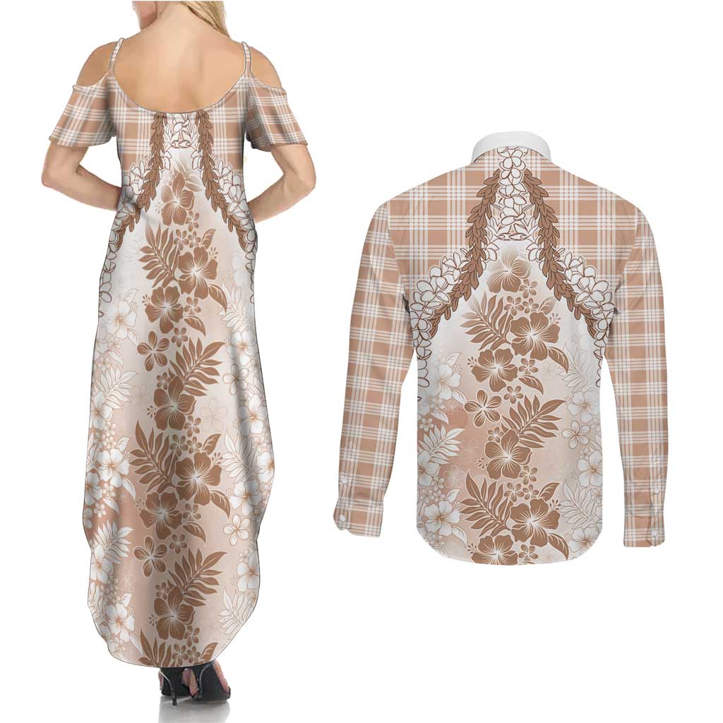 Aloha Hawaii Palaka Couples Matching Summer Maxi Dress and Long Sleeve Button Shirt Beige Plumeria Lei - Polynesian Pride
