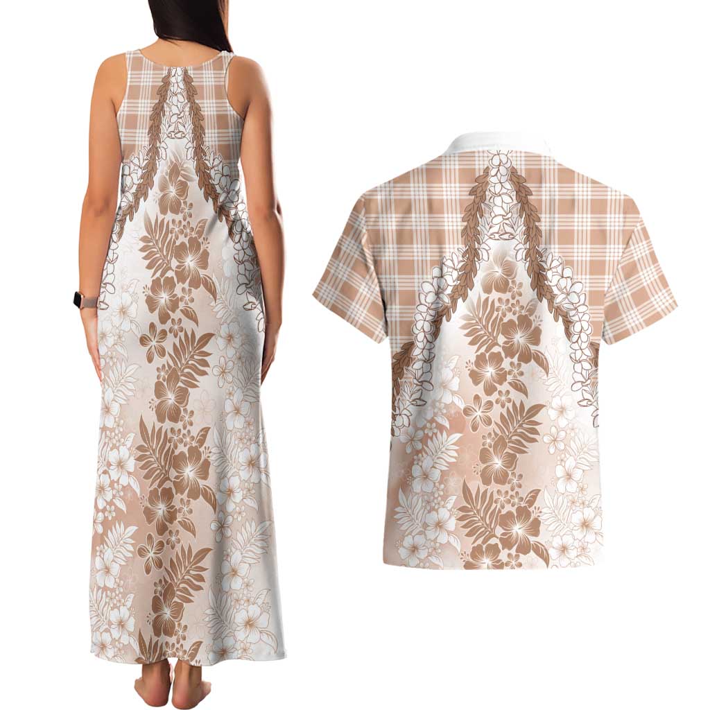Aloha Hawaii Palaka Couples Matching Tank Maxi Dress and Hawaiian Shirt Beige Plumeria Lei - Polynesian Pride