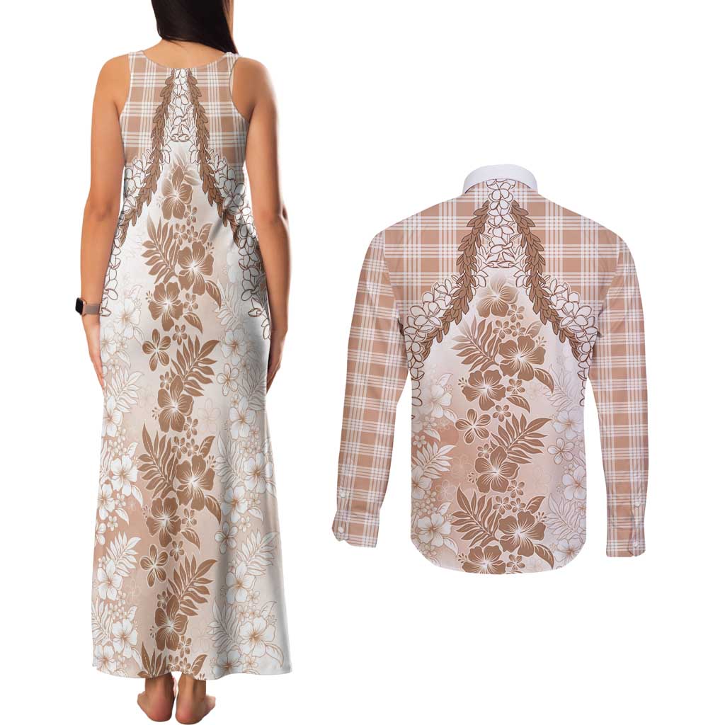Aloha Hawaii Palaka Couples Matching Tank Maxi Dress and Long Sleeve Button Shirt Beige Plumeria Lei LT05 - Polynesian Pride