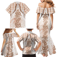 Aloha Hawaii Palaka Family Matching Mermaid Dress and Hawaiian Shirt Beige Plumeria Lei - Polynesian Pride