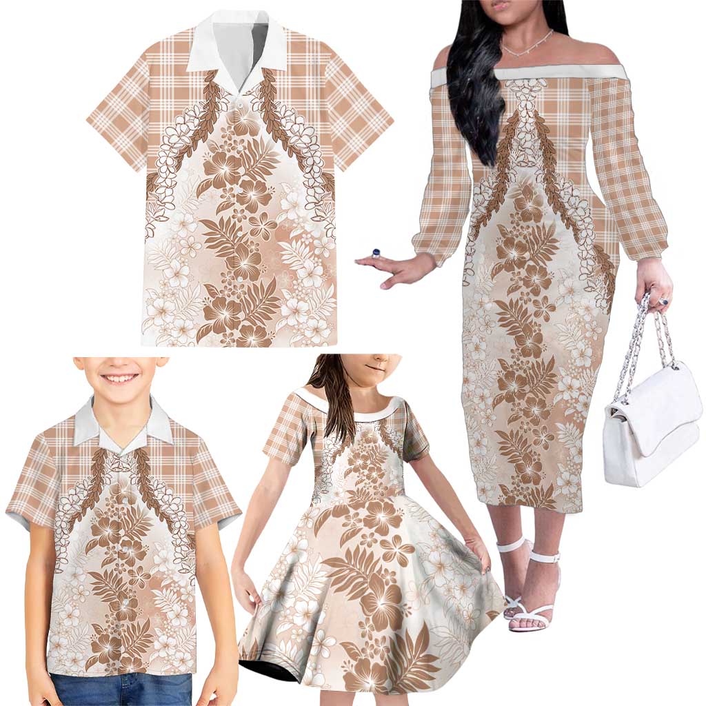 Aloha Hawaii Palaka Family Matching Off The Shoulder Long Sleeve Dress and Hawaiian Shirt Beige Plumeria Lei - Polynesian Pride