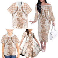 Aloha Hawaii Palaka Family Matching Off The Shoulder Long Sleeve Dress and Hawaiian Shirt Beige Plumeria Lei - Polynesian Pride