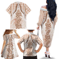 Aloha Hawaii Palaka Family Matching Off The Shoulder Long Sleeve Dress and Hawaiian Shirt Beige Plumeria Lei - Polynesian Pride