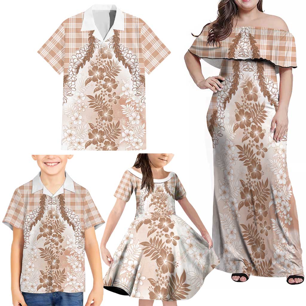 Aloha Hawaii Palaka Family Matching Off Shoulder Maxi Dress and Hawaiian Shirt Beige Plumeria Lei - Polynesian Pride