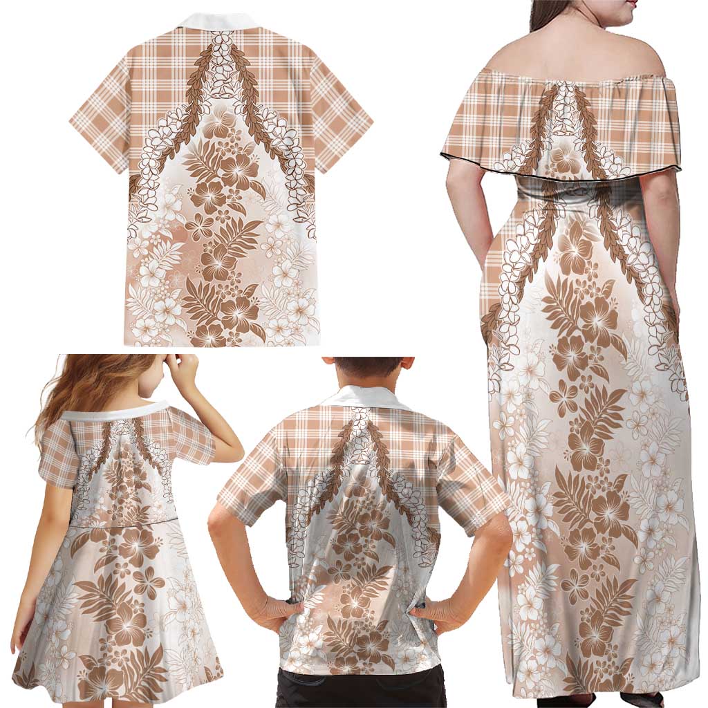 Aloha Hawaii Palaka Family Matching Off Shoulder Maxi Dress and Hawaiian Shirt Beige Plumeria Lei - Polynesian Pride