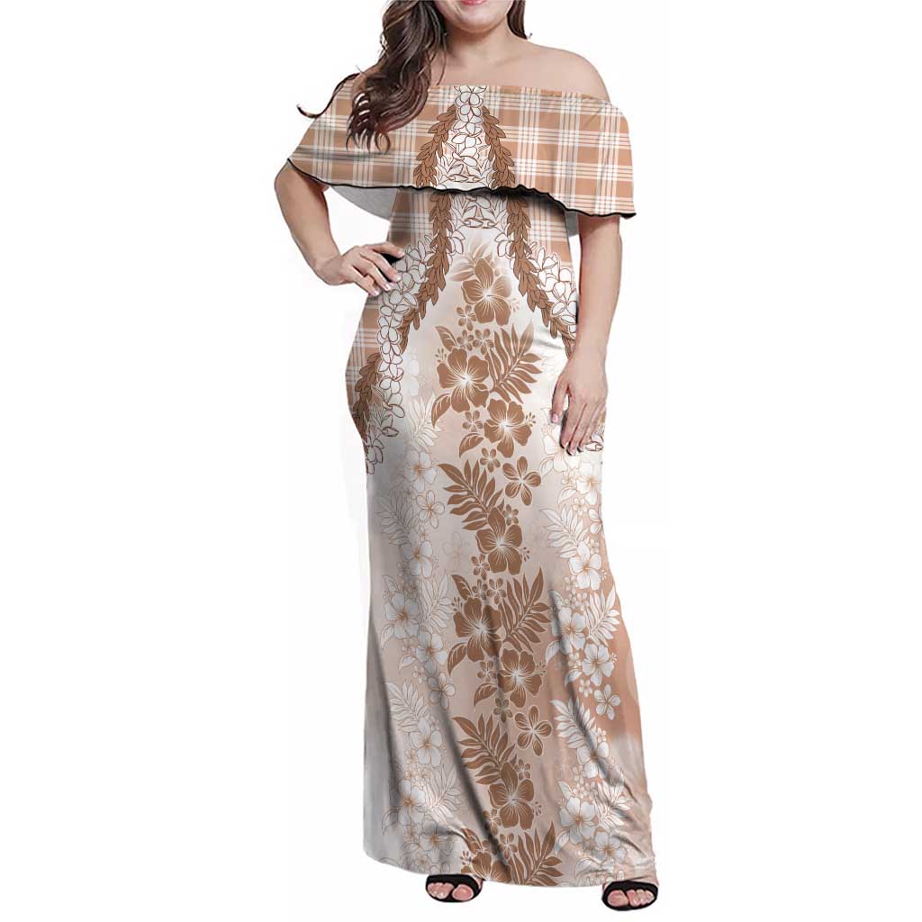 Aloha Hawaii Palaka Family Matching Off Shoulder Maxi Dress and Hawaiian Shirt Beige Plumeria Lei - Polynesian Pride