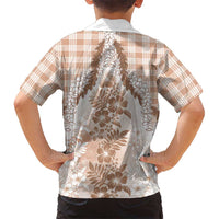 Aloha Hawaii Palaka Family Matching Off Shoulder Short Dress and Hawaiian Shirt Beige Plumeria Lei - Polynesian Pride
