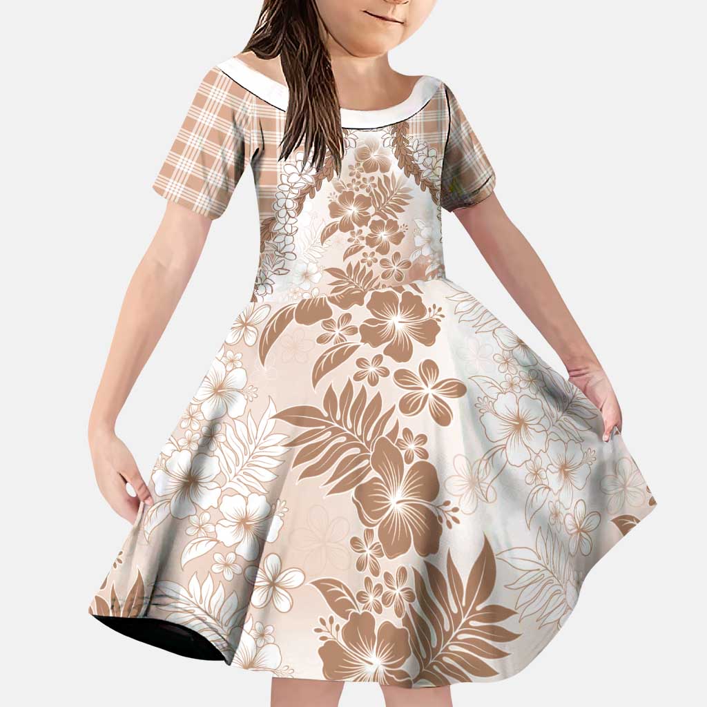 Aloha Hawaii Palaka Family Matching Off Shoulder Short Dress and Hawaiian Shirt Beige Plumeria Lei - Polynesian Pride