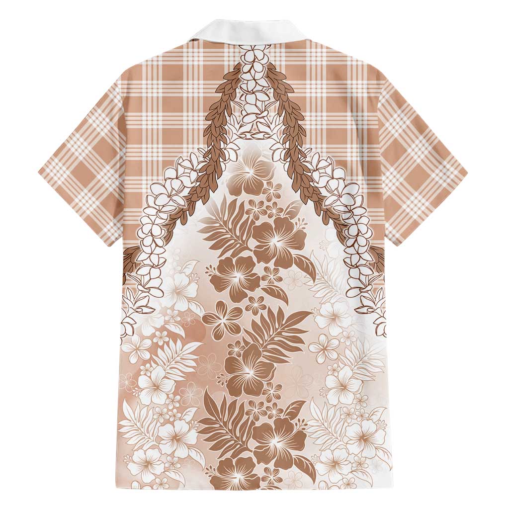 Aloha Hawaii Palaka Family Matching Off Shoulder Short Dress and Hawaiian Shirt Beige Plumeria Lei - Polynesian Pride
