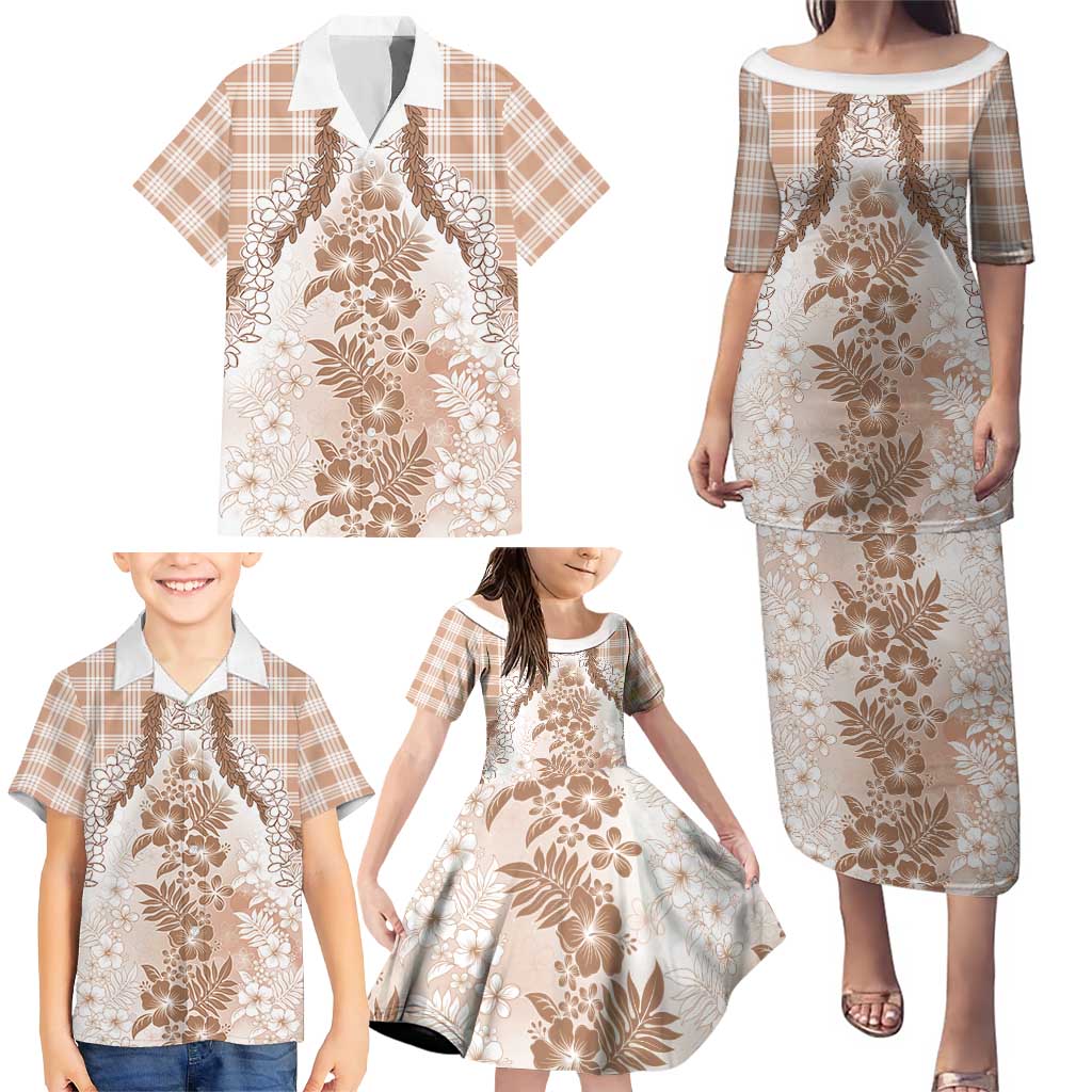 Aloha Hawaii Palaka Family Matching Puletasi and Hawaiian Shirt Beige Plumeria Lei - Polynesian Pride
