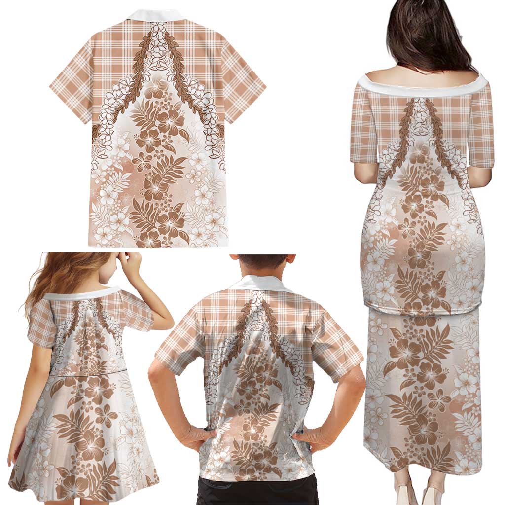 Aloha Hawaii Palaka Family Matching Puletasi and Hawaiian Shirt Beige Plumeria Lei - Polynesian Pride
