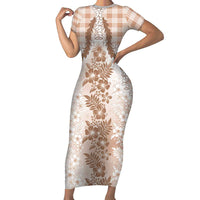 Aloha Hawaii Palaka Family Matching Short Sleeve Bodycon Dress and Hawaiian Shirt Beige Plumeria Lei - Polynesian Pride