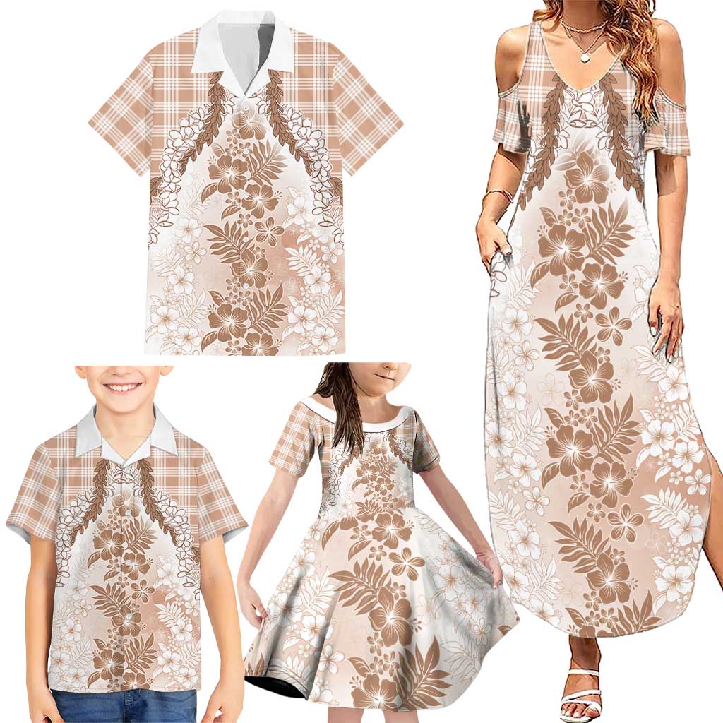 Aloha Hawaii Palaka Family Matching Summer Maxi Dress and Hawaiian Shirt Beige Plumeria Lei - Polynesian Pride