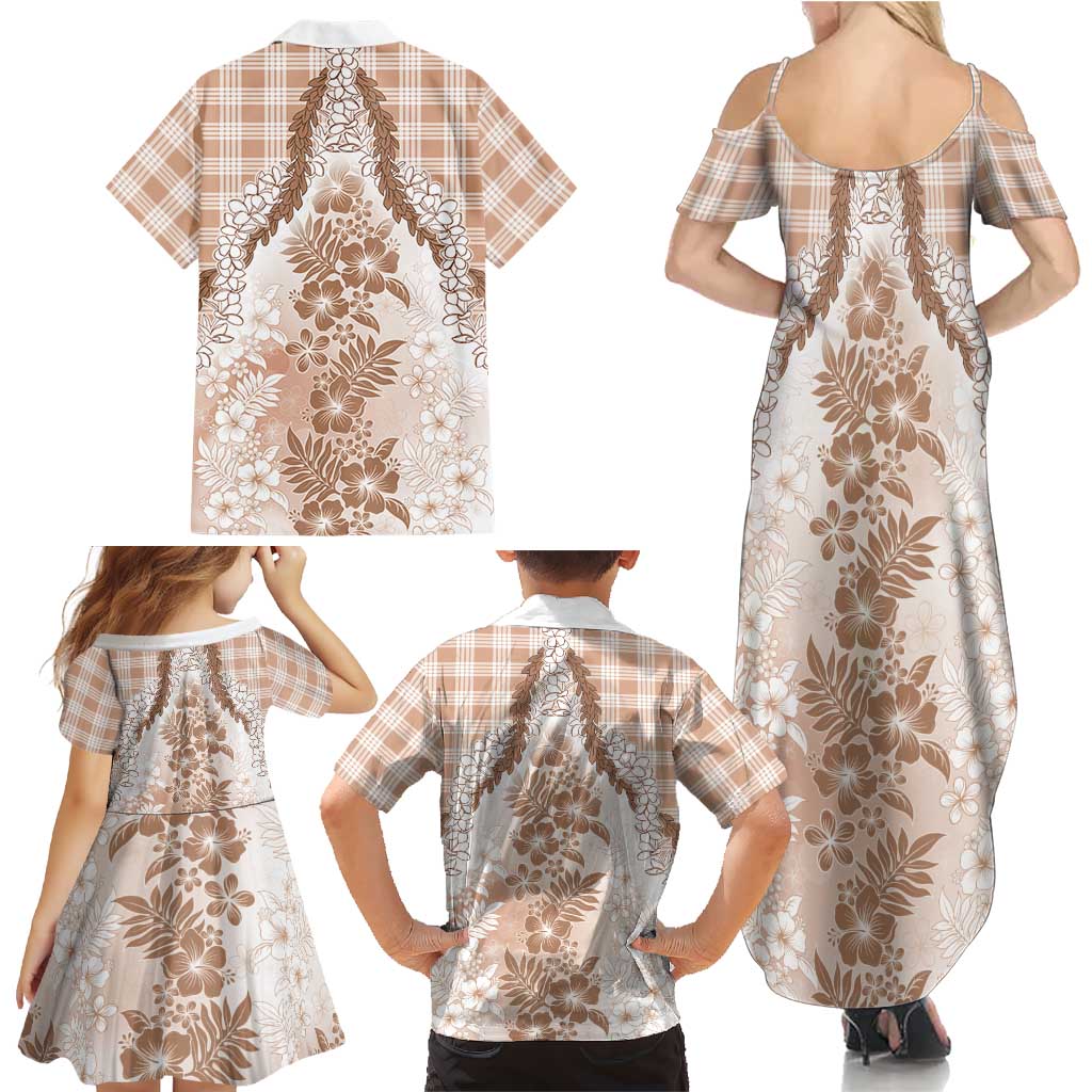 Aloha Hawaii Palaka Family Matching Summer Maxi Dress and Hawaiian Shirt Beige Plumeria Lei - Polynesian Pride