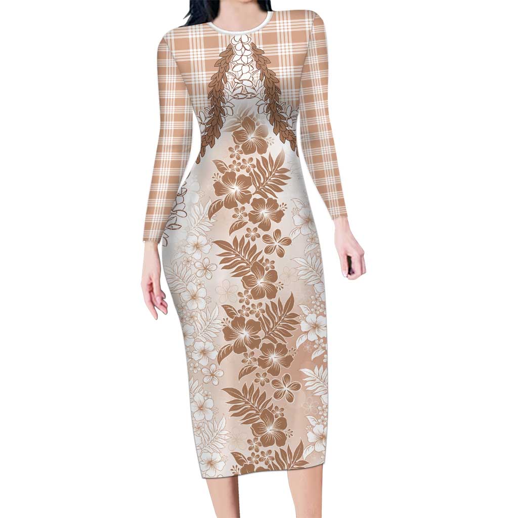Aloha Hawaii Palaka Long Sleeve Bodycon Dress Beige Plumeria Lei - Polynesian Pride