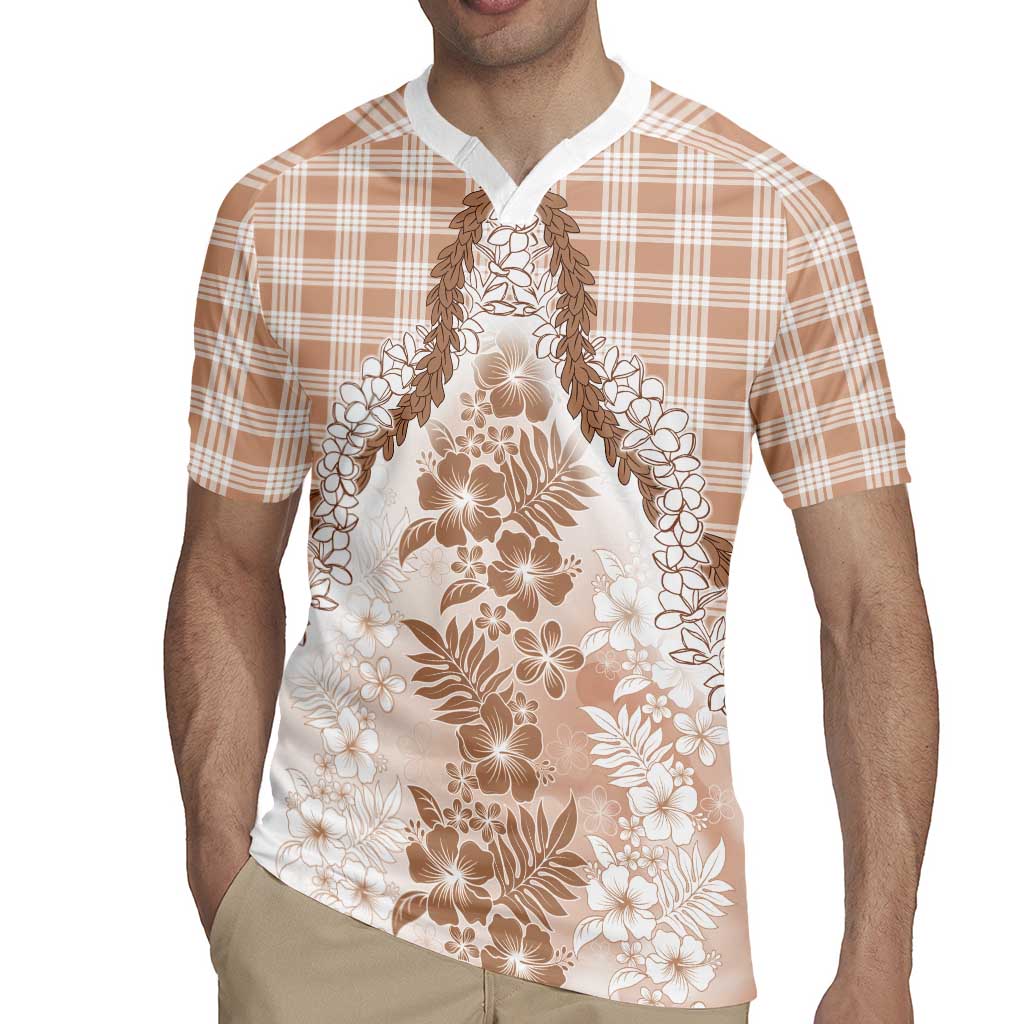 Aloha Hawaii Palaka Rugby Jersey Beige Plumeria Lei - Polynesian Pride