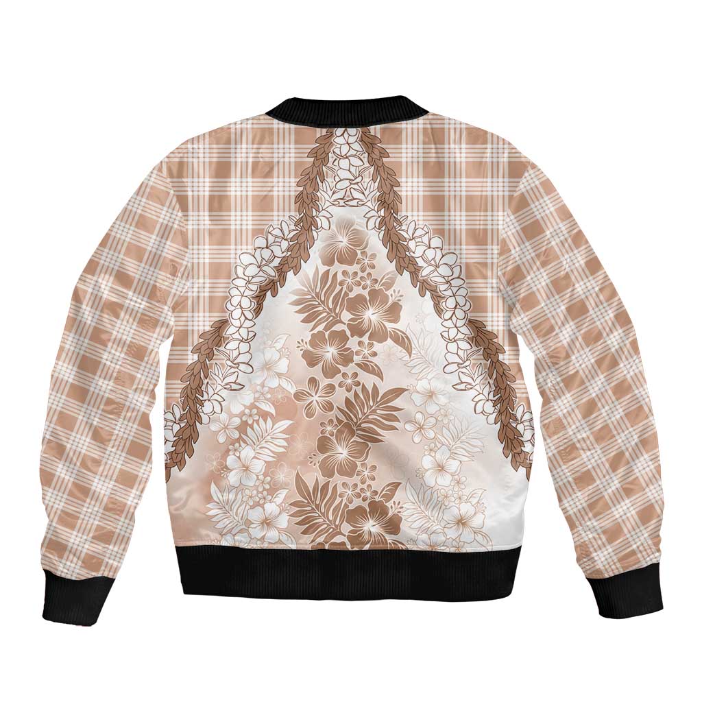 Aloha Hawaii Palaka Sleeve Zip Bomber Jacket Beige Plumeria Lei - Polynesian Pride