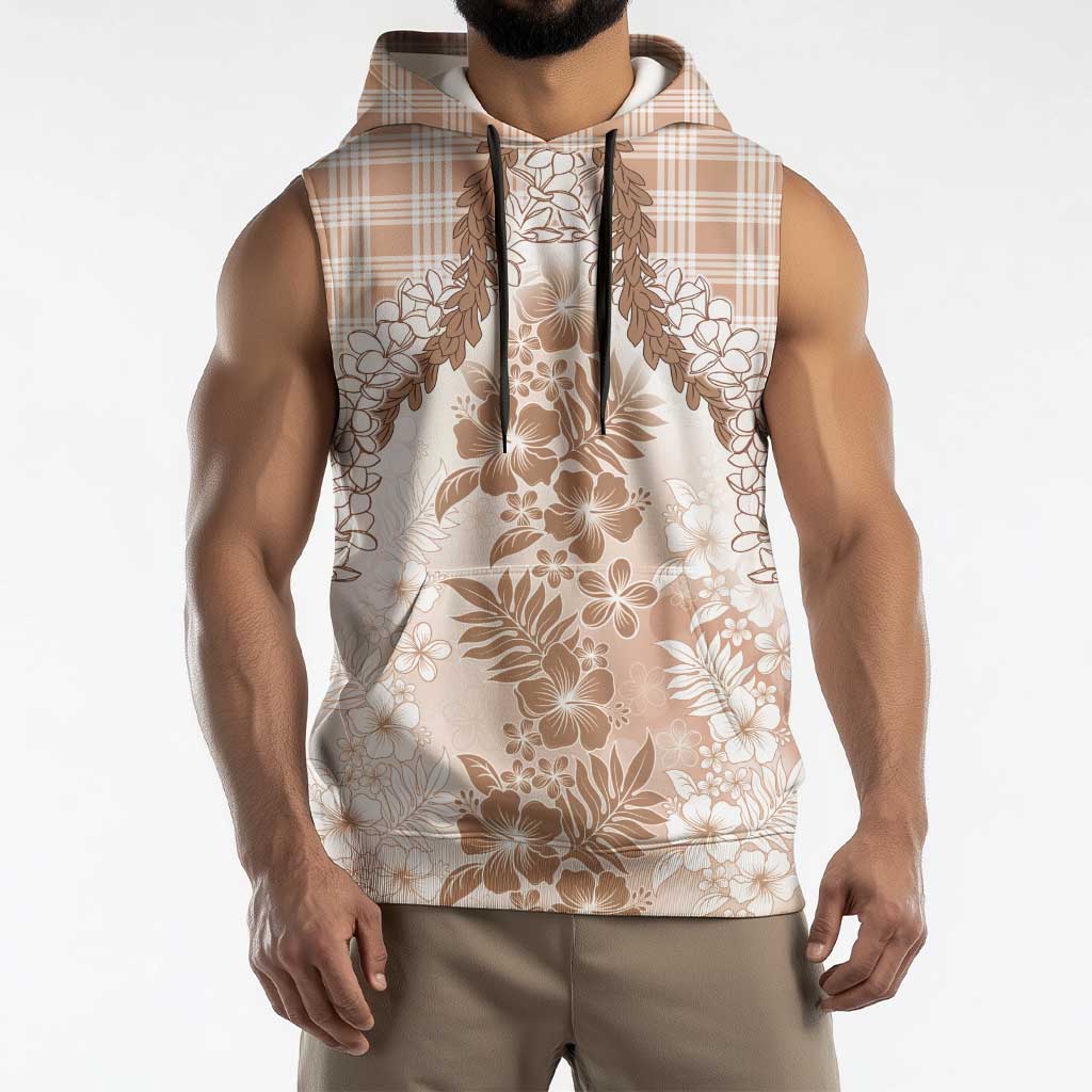 Aloha Hawaii Palaka Sleeveless Hoodie Beige Plumeria Lei - Polynesian Pride