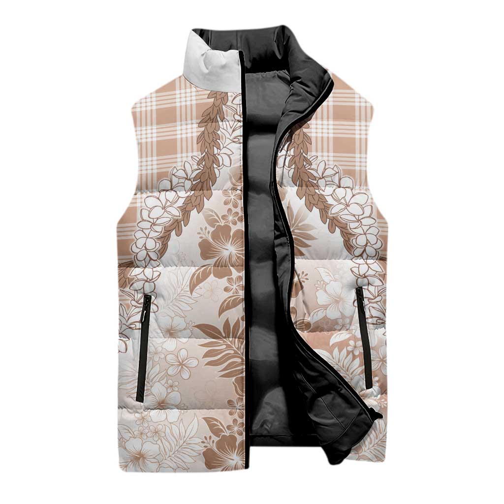 Aloha Hawaii Palaka Sleeveless Puffer Jacket Beige Plumeria Lei - Polynesian Pride