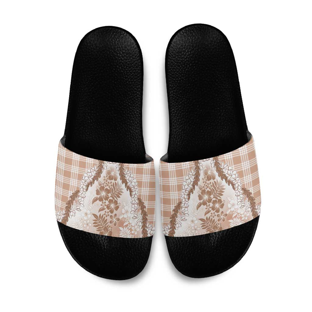 Aloha Hawaii Palaka Slide Sandals Beige Plumeria Lei - Polynesian Pride