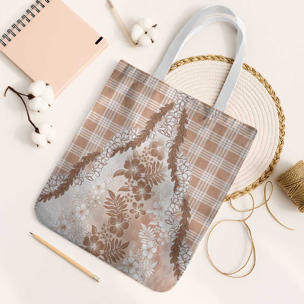 Aloha Hawaii Palaka Tote Bag Beige Plumeria Lei - Polynesian Pride