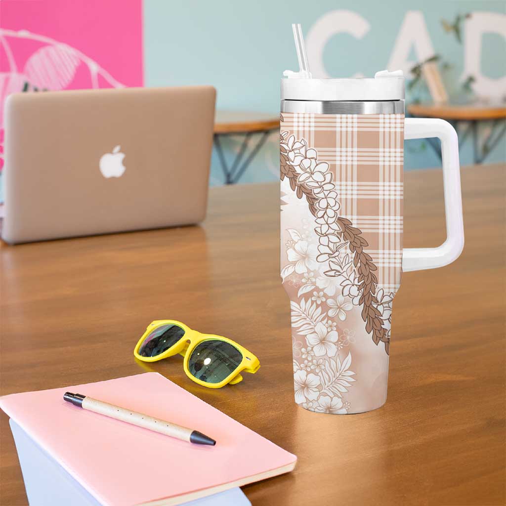Aloha Hawaii Palaka Tumbler With Handle Beige Plumeria Lei - Polynesian Pride