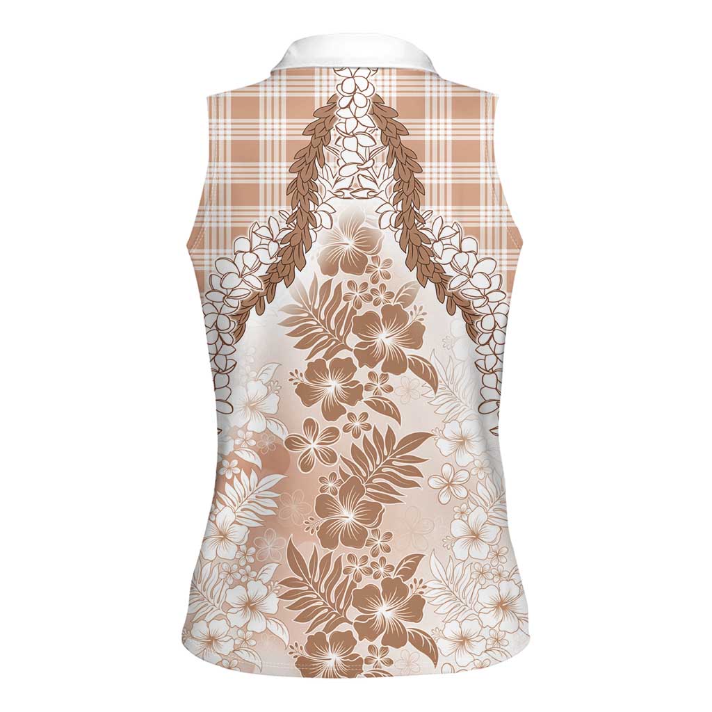 Aloha Hawaii Palaka Women Sleeveless Polo Shirt Beige Plumeria Lei - Polynesian Pride
