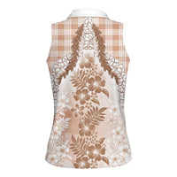 Aloha Hawaii Palaka Women Sleeveless Polo Shirt Beige Plumeria Lei - Polynesian Pride