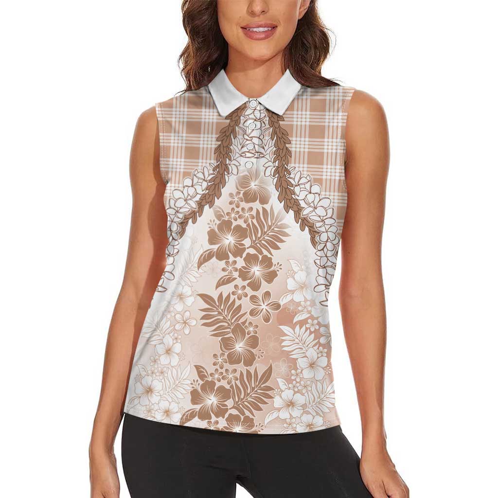 Aloha Hawaii Palaka Women Sleeveless Polo Shirt Beige Plumeria Lei - Polynesian Pride