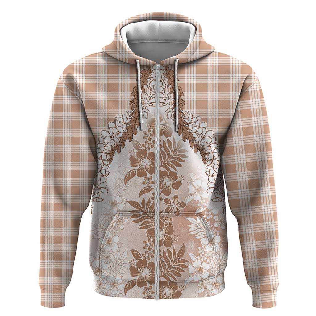 Aloha Hawaii Palaka Zip Hoodie Beige Plumeria Lei - Polynesian Pride