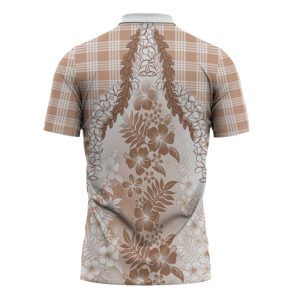 Aloha Hawaii Palaka Zipper Polo Shirt Beige Plumeria Lei - Polynesian Pride
