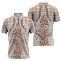 Aloha Hawaii Palaka Zipper Polo Shirt Beige Plumeria Lei - Polynesian Pride