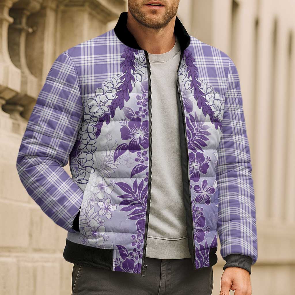 Aloha Hawaii Palaka Bomber Puffer Jacket Purple Plumeria Lei - Polynesian Pride