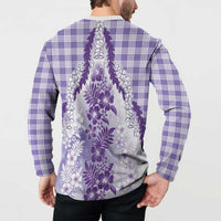 Aloha Hawaii Palaka Button Sweatshirt Purple Plumeria Lei - Polynesian Pride