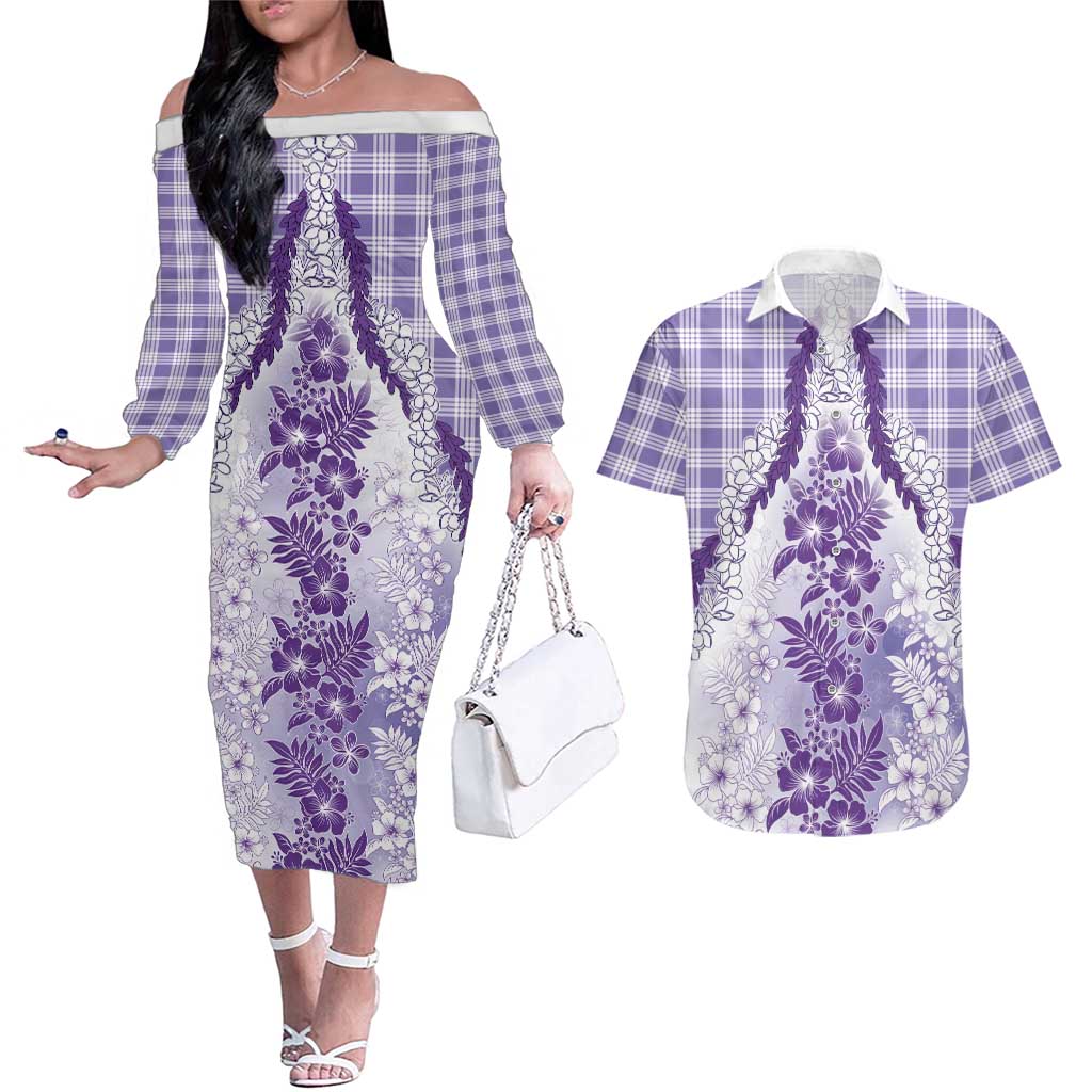 Aloha Hawaii Palaka Couples Matching Off The Shoulder Long Sleeve Dress and Hawaiian Shirt Purple Plumeria Lei - Polynesian Pride