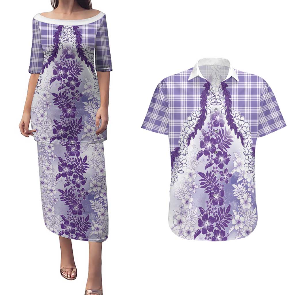 Aloha Hawaii Palaka Couples Matching Puletasi and Hawaiian Shirt Purple Plumeria Lei - Polynesian Pride
