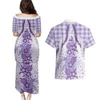 Aloha Hawaii Palaka Couples Matching Puletasi and Hawaiian Shirt Purple Plumeria Lei - Polynesian Pride