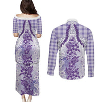 Aloha Hawaii Palaka Couples Matching Puletasi and Long Sleeve Button Shirt Purple Plumeria Lei LT05 - Polynesian Pride