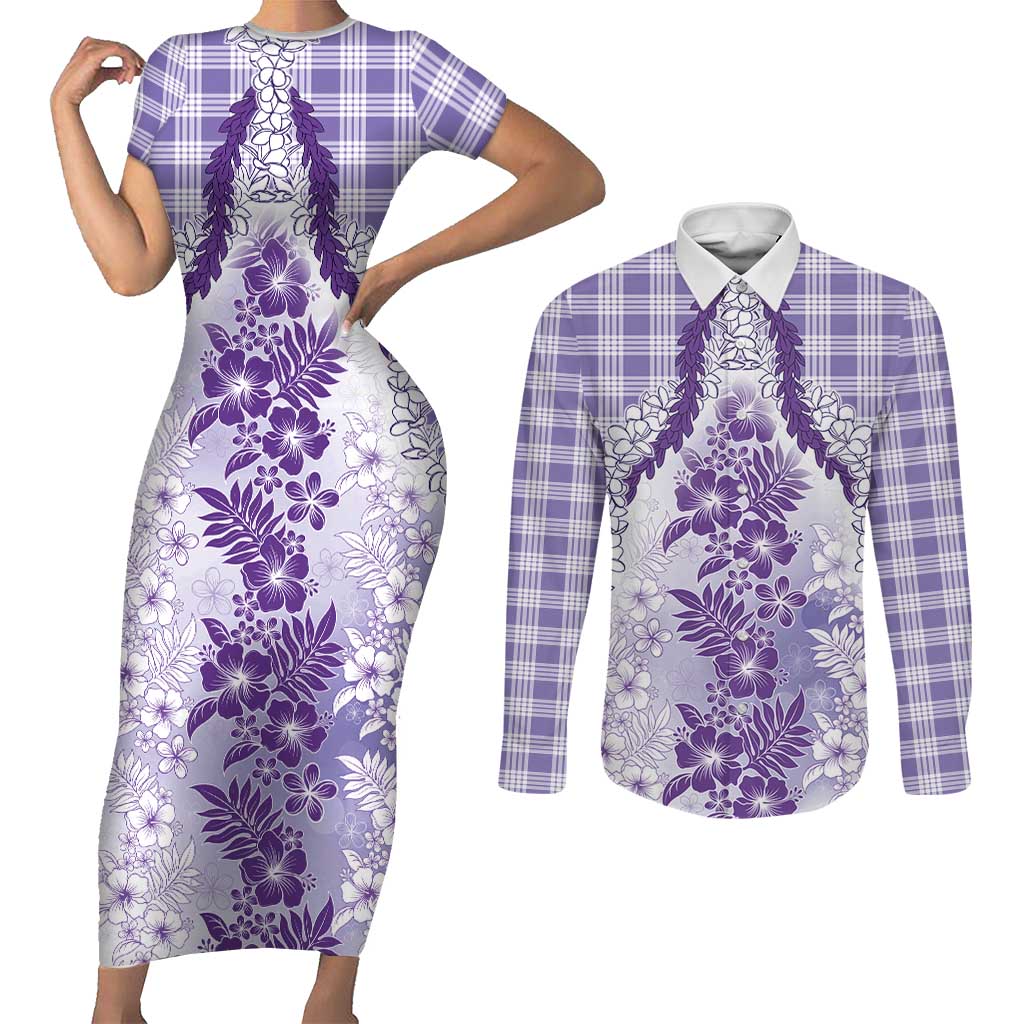 Aloha Hawaii Palaka Couples Matching Short Sleeve Bodycon Dress and Long Sleeve Button Shirt Purple Plumeria Lei - Polynesian Pride