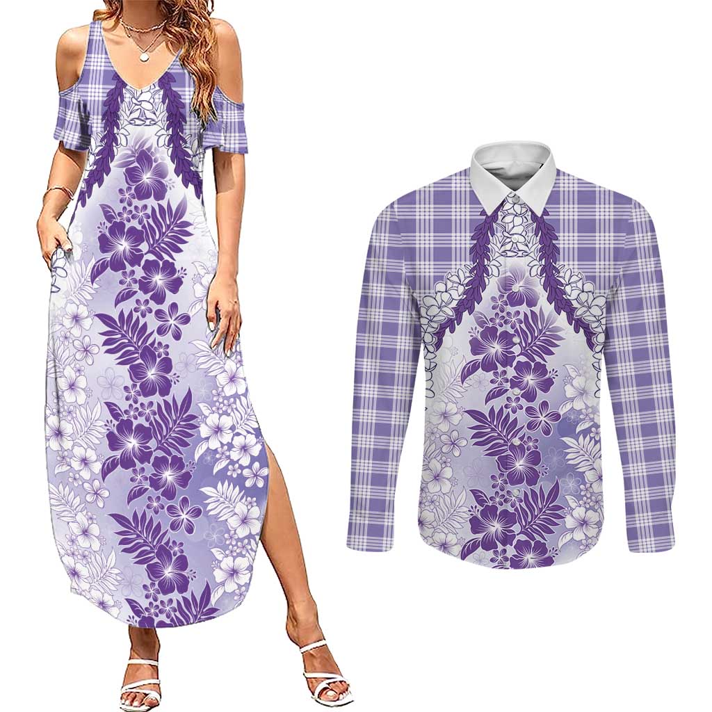 Aloha Hawaii Palaka Couples Matching Summer Maxi Dress and Long Sleeve Button Shirt Purple Plumeria Lei - Polynesian Pride