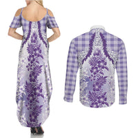 Aloha Hawaii Palaka Couples Matching Summer Maxi Dress and Long Sleeve Button Shirt Purple Plumeria Lei - Polynesian Pride
