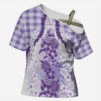 Aloha Hawaii Palaka Cross Shoulder Shirt Purple Plumeria Lei - Polynesian Pride
