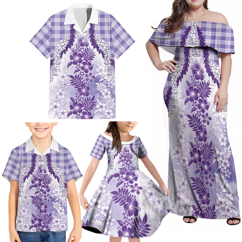 Aloha Hawaii Palaka Family Matching Off Shoulder Maxi Dress and Hawaiian Shirt Purple Plumeria Lei - Polynesian Pride