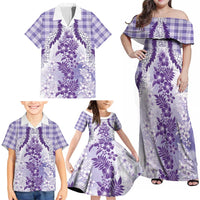 Aloha Hawaii Palaka Family Matching Off Shoulder Maxi Dress and Hawaiian Shirt Purple Plumeria Lei - Polynesian Pride