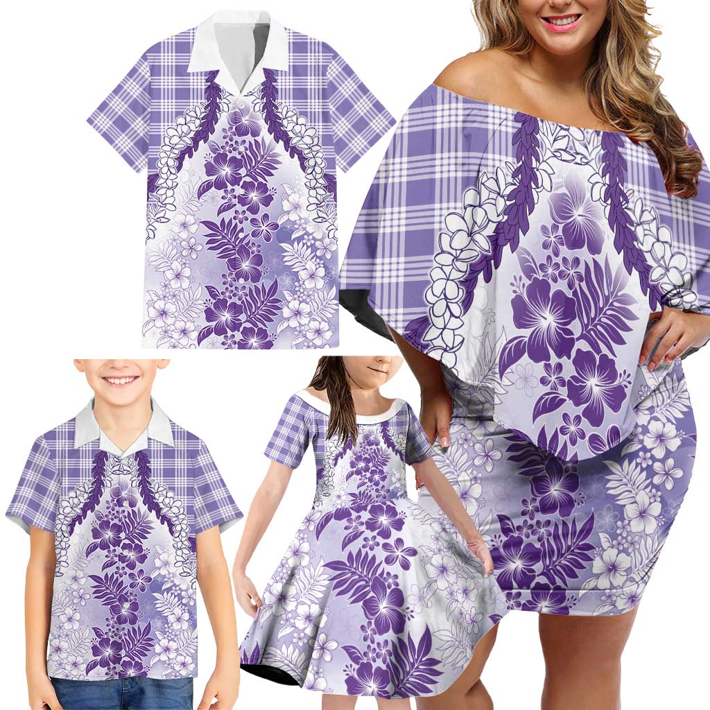 Aloha Hawaii Palaka Family Matching Off Shoulder Short Dress and Hawaiian Shirt Purple Plumeria Lei - Polynesian Pride