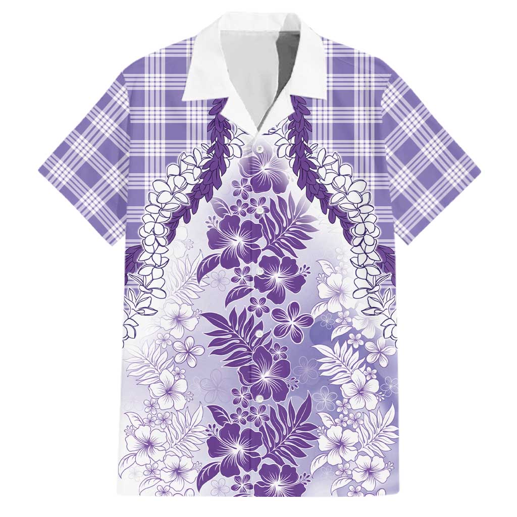Aloha Hawaii Palaka Family Matching Off Shoulder Short Dress and Hawaiian Shirt Purple Plumeria Lei - Polynesian Pride