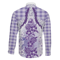 Aloha Hawaii Palaka Family Matching Off Shoulder Short Dress and Hawaiian Shirt Purple Plumeria Lei - Polynesian Pride