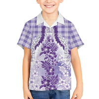 Aloha Hawaii Palaka Family Matching Off Shoulder Short Dress and Hawaiian Shirt Purple Plumeria Lei - Polynesian Pride