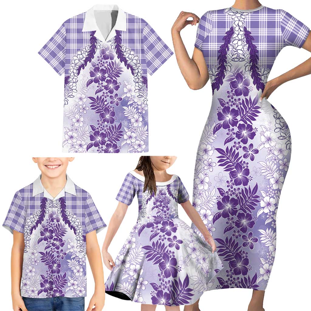 Aloha Hawaii Palaka Family Matching Short Sleeve Bodycon Dress and Hawaiian Shirt Purple Plumeria Lei - Polynesian Pride